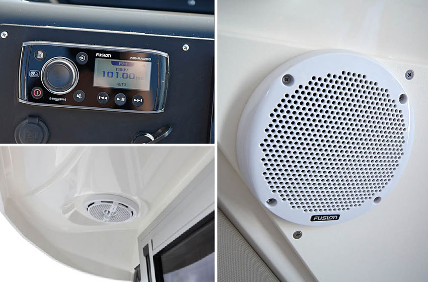 Stereo Fusion MS-RA205 with Bluetooth/USB. Includes 6 speakers  (2 in cockpit, 2 in salon, 2 in berth)